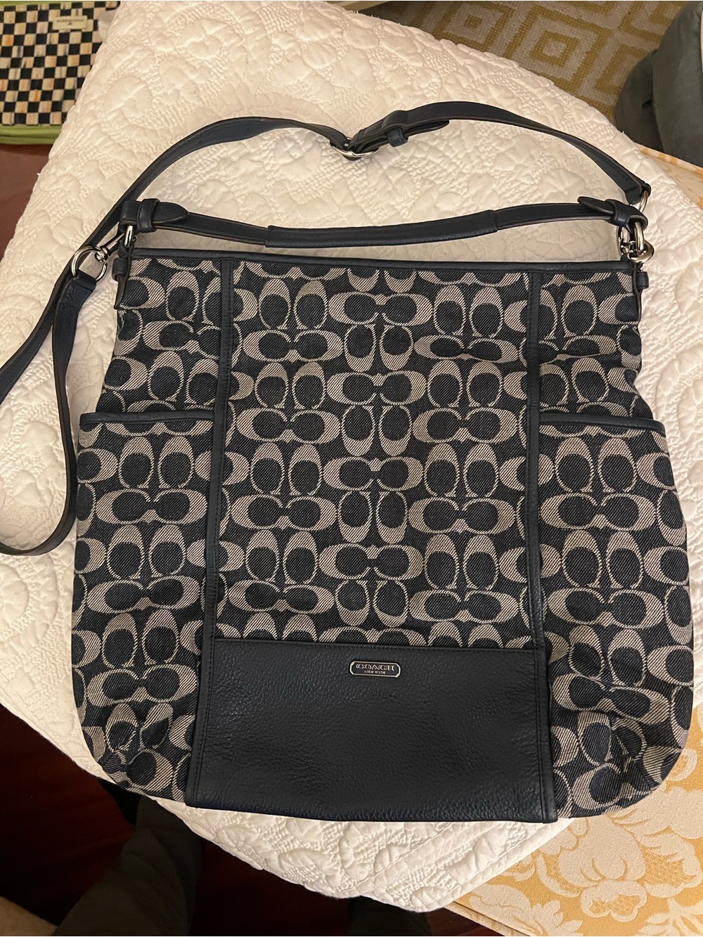 Coach Navy and Gray Signature Canvas/Leather Shoulder Bag